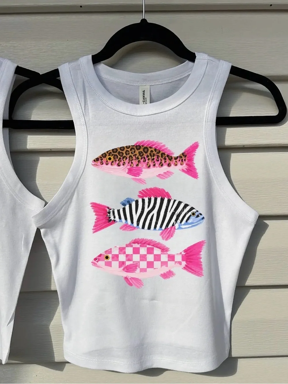 Unbranded White Tank Top with Pink Accent Fish Print